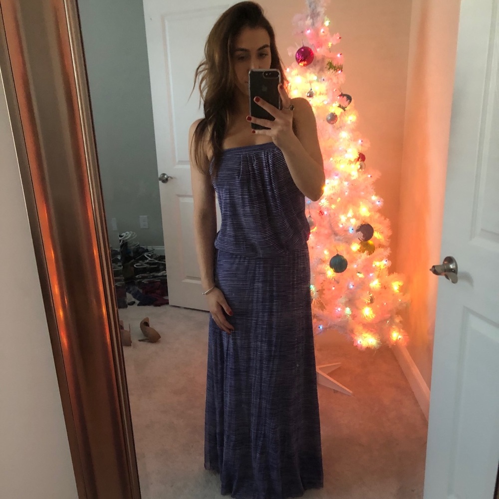 Strapless blue and white striped maxi dress